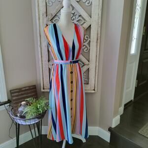 Bibi Women's Junior Sleeveless Button Front Midi Dress in Multi Colorful Stripe